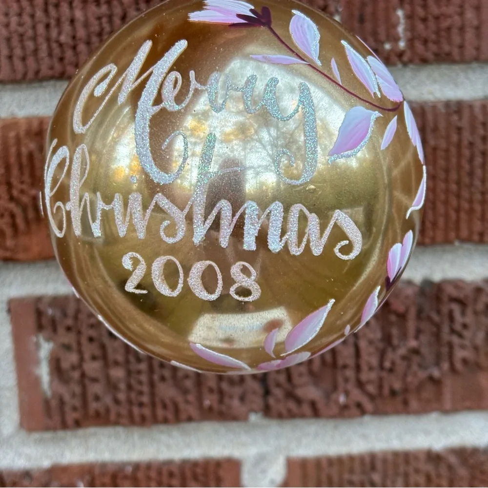 Christmas Tree Ornaments Ball Red White Gold Glitter Ribbon Hand painted 5 pc